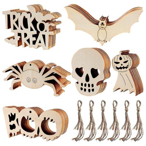 60 pièces Halloween Bois Tranche Chauve-souris Araignée Crâne Fantôme Blanc Étiquettes suspendues Pendentif Ornement avec cordes Bricolage Party Décoration Fournitures
