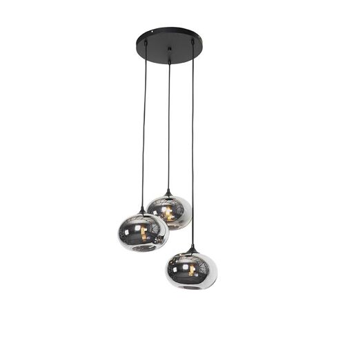 Qazqa Art Deco Suspension / Lustre / Luminaire / Lumiere / Éclairage Art Déco Noire 3 Lumières Avec Verre Fumé - Busa /Acier Noir Rond / Intérieur / Salon / Cuisine E27 Max. 3 X 25 Watt