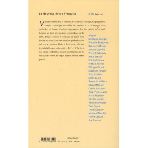 La Nouvelle Revue Française N° 601, Juin 2012 - Variétés : Littérature Et Chanson