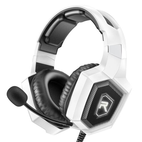 WHITE Casque de jeu LED filaire avec micro, casque supra-auriculaire, son surround, PC, ordinateur portable, PS4, PS5, XBox, Switch ""Nipseyteko""