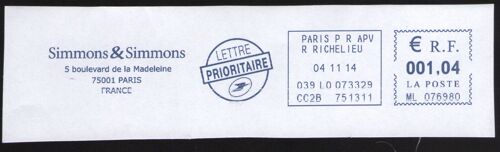 France Ema Empreinte Postmark Simmons & Simmons Cabinet D'avocats 75001 Paris