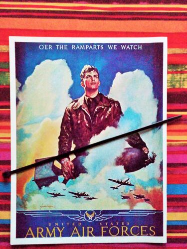 Affiche Allégorique Américaine (Guerre 39 45) Symbolique De La Puissance De L'aviation Représentant Un Jeune Pilote Yankee : "Nous Veillons Par-Dessus Les Remparts" (O'ver The Ramparts We Watch) 