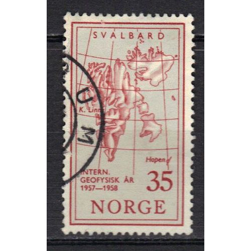 Norvege 1977 : Année Géophysique Internationale : Carte De Spitzberg - Timbre 35 O. Rouge-Brun Et Gris Oblitéré