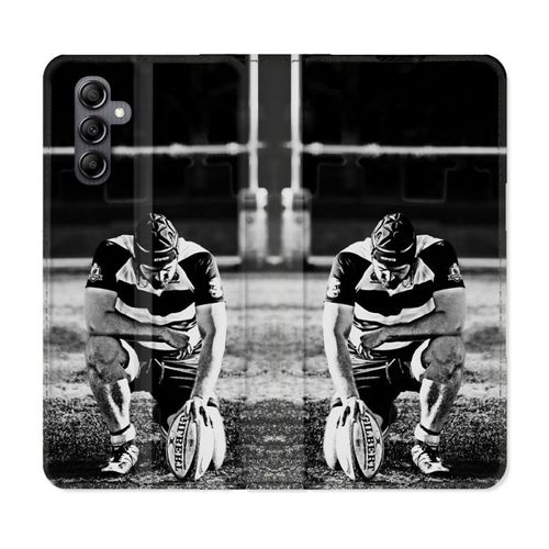 Housse Cuir Portefeuille Pour Samsung Galaxy S24 Sport Rugby Noir Blanc