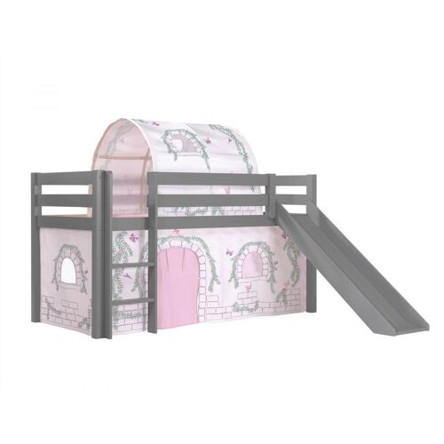 Vipack Lit Enfant Surlev Avec Toboggan Pino 90x200cm Gris + Rideau Et Tunnel De Lit Birdy