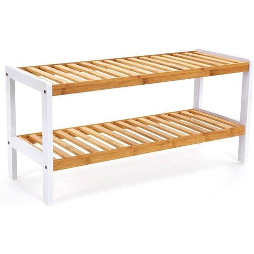 Étagère à chaussures à 2 niveaux, Blanc+Naturel