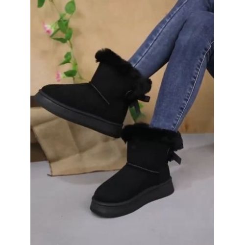 Bottes De Neige Chaude Semelle Plateforme Epaisse En Peau De Mouton Noir Tres Douces Pointure 40 Bottine Hiver Cuir Fourrure Doublée Noeud Arriere Tres Mode Tendance Style Fluffy Jeune Confort Pratic