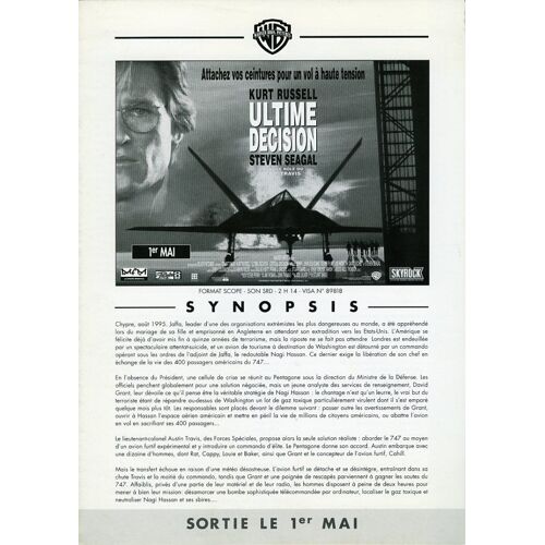 Ultime Décision, Synopsis Dépliant, De Stuart Baird, Avec Kurt Russell, Oliver Platt, John Leguizamo