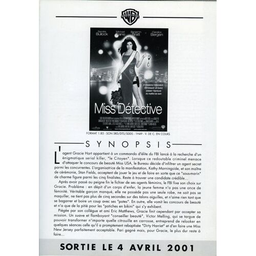 Miss Détective, Synopsis Dépliant, Donald Petrie, Avec Sandra Bullock, Michael Caine, Heather Burns