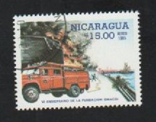 Timbre Oblitéré Nicaragua 15.00 - Camion De Pompier - 6ème Anniversaire De La Fondation Sinacoi