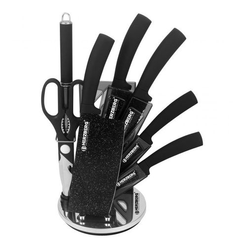 Set De Couteaux Avec Support 8 Pièces Marbre Noir Herzberg Hgmsn8blm