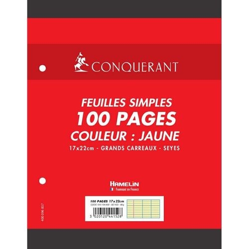 Conquérant Lot De 5 Feuillets Mobiles Jaune 17x 22 Cm, 80g 100 Pages Grands Carreaux