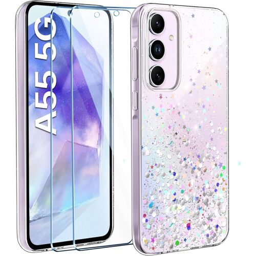 JGD-Coque Compatible avec Samsung Galaxy A55 5G avec 2 Verres Trempés Protection écran, Étui Transparente Paillette Housse Souple Silicone Glitter pour Samsung Galaxy A55 5G (Transparent)