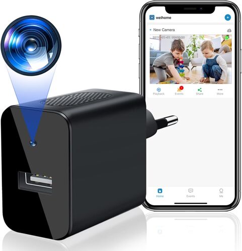 Caméra Cachée WiFi, 1080P HD sans Fil Mini Caméra Espion Chargeurs Petites Caméras de Sécurité avec App Nanny Cam Alertes Activées par Le Mouvement Surveillance Secrète pour Intérieur/Maison