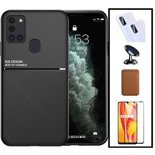 Kit Coque Magnétique Lux + Portefeuille Magnétique Marron + 5D Full Cover + Film Caméra Arrière + Support Magnétique pour Samsung Galaxy M30s