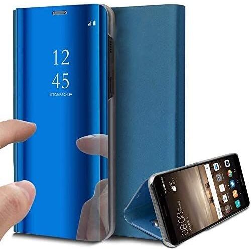 Case Compatible Samsung Galaxy A5 2018/A8 2018 Coque Ultra Mince Placage Élégant Mode Miroir 360° Protection Housse Stand Flip View Translucide Cuir Pu Dur Pc Anti Choc Etui Bumper (Bleu) Bleu