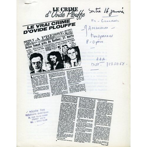 Le Crime D'ovide Plouffe, Dossier Presse, Denys Arcand, Gabriel Arcand, Anne Létourneau, Jean Carmet
