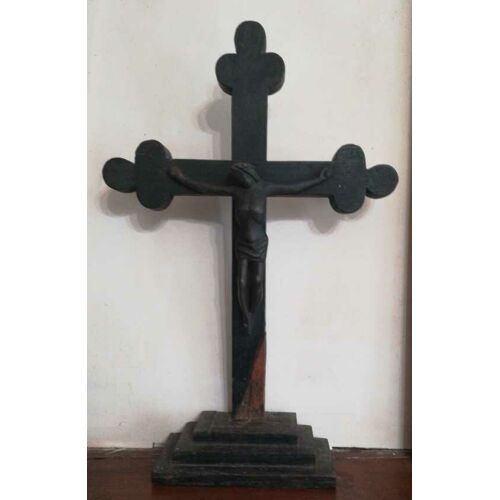 Ancien Christ En Bronze Sur Support Bois - 18e