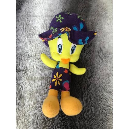Peluche Doudou Titi En Vacances Tenue Et Chapeau Fleurs Violet 17 Cm