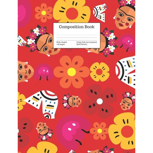 Composition Book Wide-Ruled Frida Folk Art Inspired Red Pattern: Retro Vintage Inspired Kahlo Style Cover (Back To School Series)
