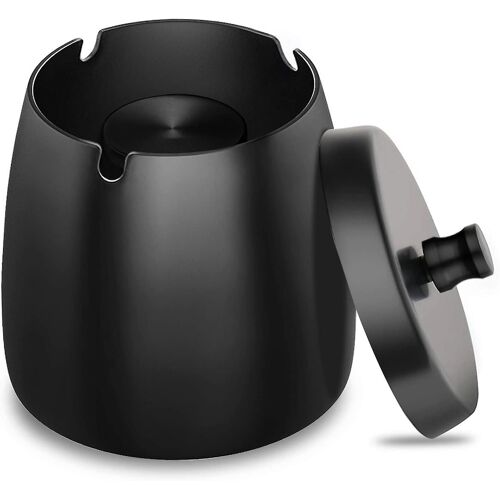 Cendrier en acier inoxydable avec couvercle Lourd Cendrier Storm-wind Base antidérapante pour l'extérieur et l'intérieur Noir
