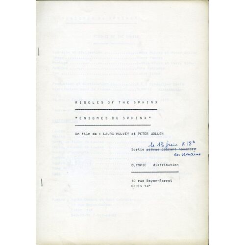 Énigmes Du Sphinx / Riddles Of The Sphinx, Dossier Presse, Laura Mulvey & Peter Wollen, Dinah Stabb