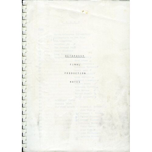 Octopussy: James Bond 007, Final Production Notes, John Glen, Roger Moore, Louis Jourdan, Maud Adams