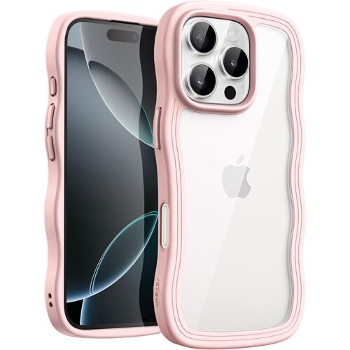 LORANKA-Coque Ondulée pour iPhone 16 Pro 6,3 Pouces, Joli Cadre Ondulé, Étui Housse Antichoc Forme Bouclée pour Femmes et Filles, Dos en PC Dur Transparent (Rose)