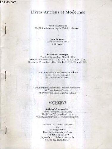 Catalogue De Ventes Aux Encheres - Livres Anciens Et Modernes - 20 Octobre 1986 - Monaco.