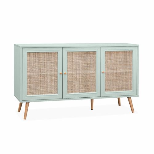 Buffet De Rangement En Cannage 120x39x70 Cm - Bohème - 2 Niveaux. 3 Portes. Pieds Scandinaves
