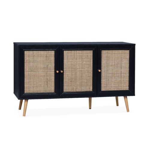 Buffet De Rangement En Cannage Noir 120x39x70 Cm Bohème 2 Niveaux 3 Portes Pieds Scandinaves