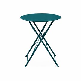 Table De Jardin Bistrot Pliable - Emilia Ronde Bleu Canard- Table Ronde Ø60 Cm En Acier Thermolaqué