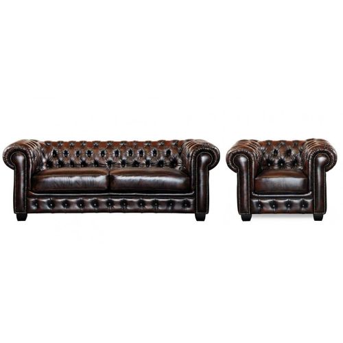 Canapé Chesterfield 3+1 Places Brenton 100% Cuir De Buffle - Marron Reflets Châtains