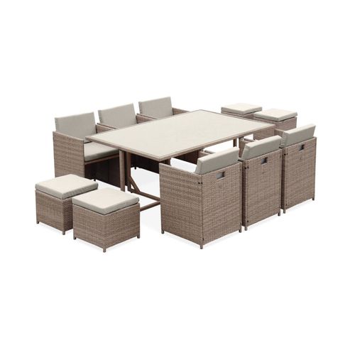 Salon De Jardin 6-10 Places - Vabo - Coloris Beige. Coussins Beige. Table Encastrable