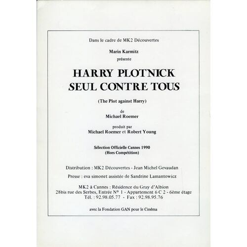 Harry Plotnick Seul Contre Tous, Dossier De Presse, Michael Roemer, Martin Priest, Avec Henry Nemo