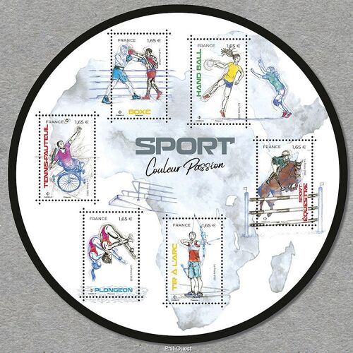 France 2022, Très Beau Bloc Feuillet Neuf** Luxe Yvert 5588, Sport Couleur Passion, Timbres 5588 Boxe, 5589 Hand-Ball, 5590 Tennis Fauteuil, 5591 Sports Équestres, 5592 Plongeon Et 5593 Tir À L'Arc.