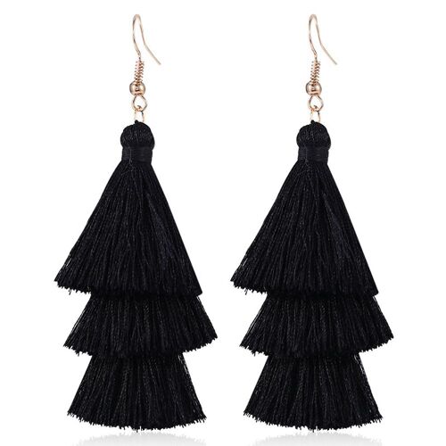 Boucles D'oreilles Pompon Noir 3 Niveaux Bohème Superposé, Boucles D'oreilles Bijoux Tendance Pour Femmes Adolescentes Saint Valentin Cadeau De Fête D'anniversaire