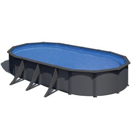 Piscine ovale acier 7,44m x 3,99m x H: 1,22m - Gris anthracite - Filtration à sable - Renforts apparents