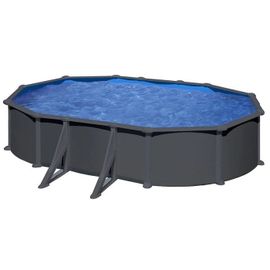 Piscine ovale acier 6,34m x 3,99m x H: 1,32m - Gris anthracite - Filtration à sable - Renforts apparents