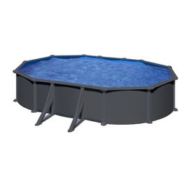 Piscine ovale acier 5,27m x 3,27m x H: 1,32m - Gris anthracite - Filtration à sable - Renforts apparents