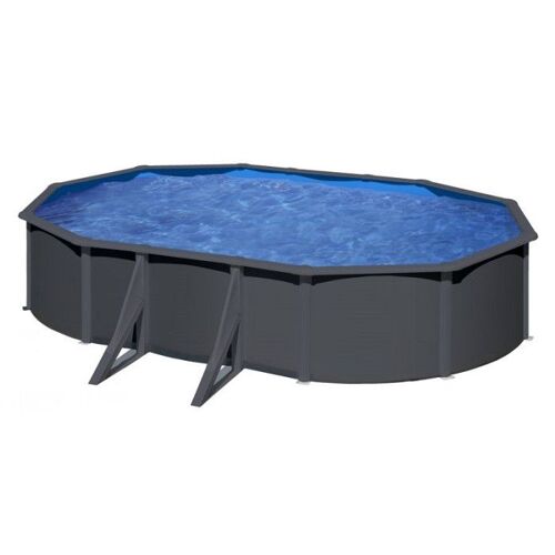 Piscine ovale acier 6,34m x 3,99m x H: 1,22m - Gris anthracite - Filtration à sable - Renfort apparents