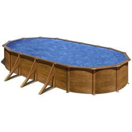 Piscine ovale acier 7,44m x 3,99m x H: 1,22m - Imitation bois - Filtration à sable - Renforts apparents