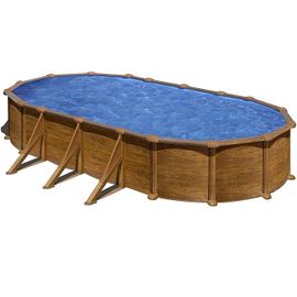 Piscine ovale acier 7,44m x 3,99m x H: 1,32m - Imitation bois - Filtration à sable - Renforts apparents