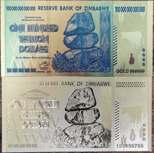 Lot 2 Billets 100 Trillion Dollars Zimbabwe - Polymère Gold Feuille D'or 24k
