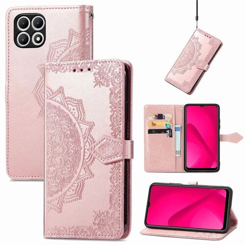 SATURCASE Coque pour T-Mobile REVVL 7, Mandala Gaufrage PU Cuir Magnétique Flip Portefeuille Support Porte-carte Protecteur Housse Étui avec Dragonne pour T-Mobile REVVL 7 (MA-Or rose)