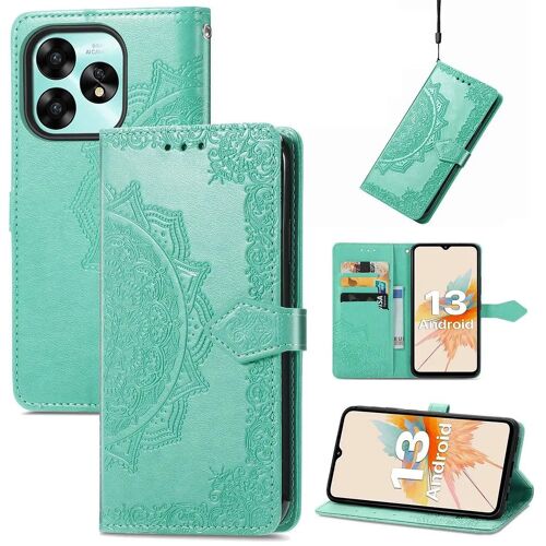 SATURCASE Coque pour Umidigi A15 A15C, Mandala Gaufrage PU Cuir Magnétique Flip Portefeuille Support Porte-carte Protecteur Housse Étui avec Dragonne pour Umidigi A15 A15C (MA-Vert)