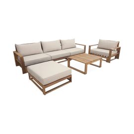 Salon De Jardin En Bois 5 Places - Mendoza - Coussins Beiges. Canapé. Fauteuils Et Table Basse En