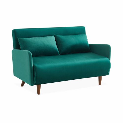 Canapé Convertible En Velours - Panam - 2 Places Scandinave. Pieds Bois Foncé. Vert. Banquette