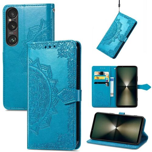 SATURCASE Coque pour Sony Xperia 1 VI 2024, Mandala Gaufrage PU Cuir Magnétique Flip Portefeuille Support Porte-carte Protecteur Housse Étui avec Dragonne pour Sony Xperia 1 VI 2024 (MA-Bleu)