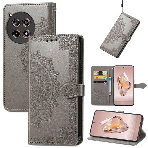 SATURCASE Coque pour OnePlus 12R / Ace 3, Mandala Gaufrage PU Cuir Magnétique Flip Portefeuille Support Porte-carte Protecteur Housse Étui avec Dragonne pour OnePlus 12R / Ace 3 (MA-Gris)